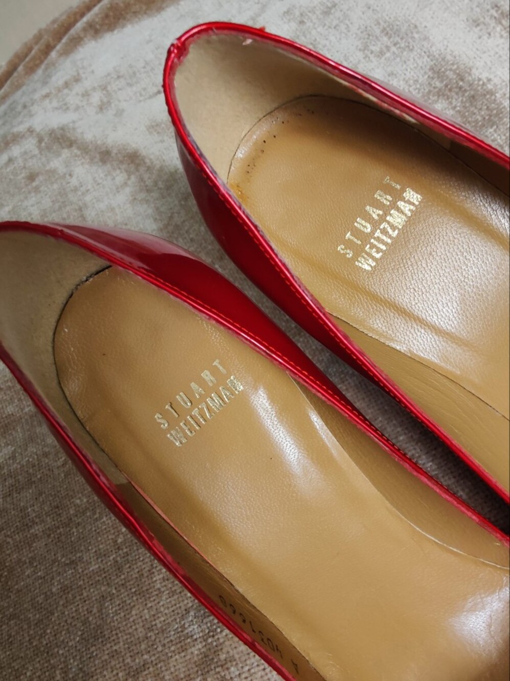 Stuart Weitzman Red Patent Peep-Toe Heels, Size 9 - Picture 3 of 14